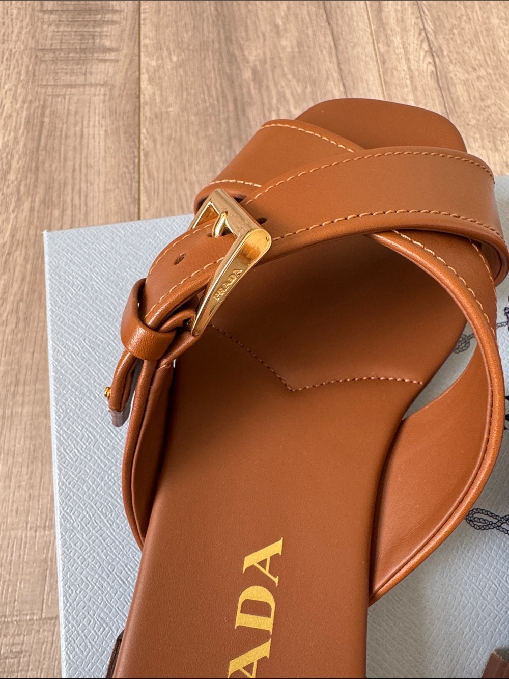 Prada Crisscross Leather Slide Sandals Brown Gold Logo Buckle 37.5 NWT - Picture 12 of 13